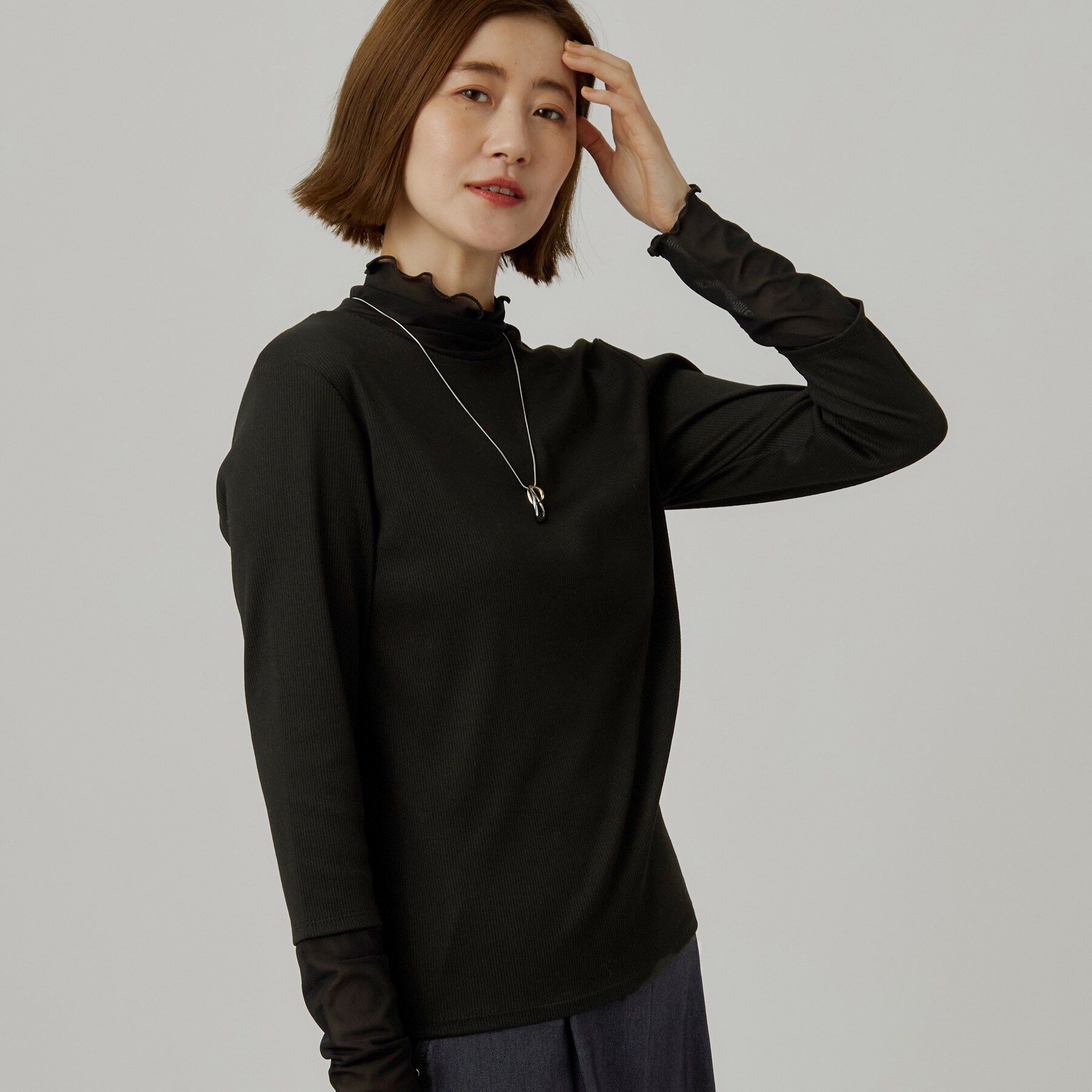 grove「シアー切替ハイネックプルオーバー」|Tシャツ・カットソー|ブラック(019)