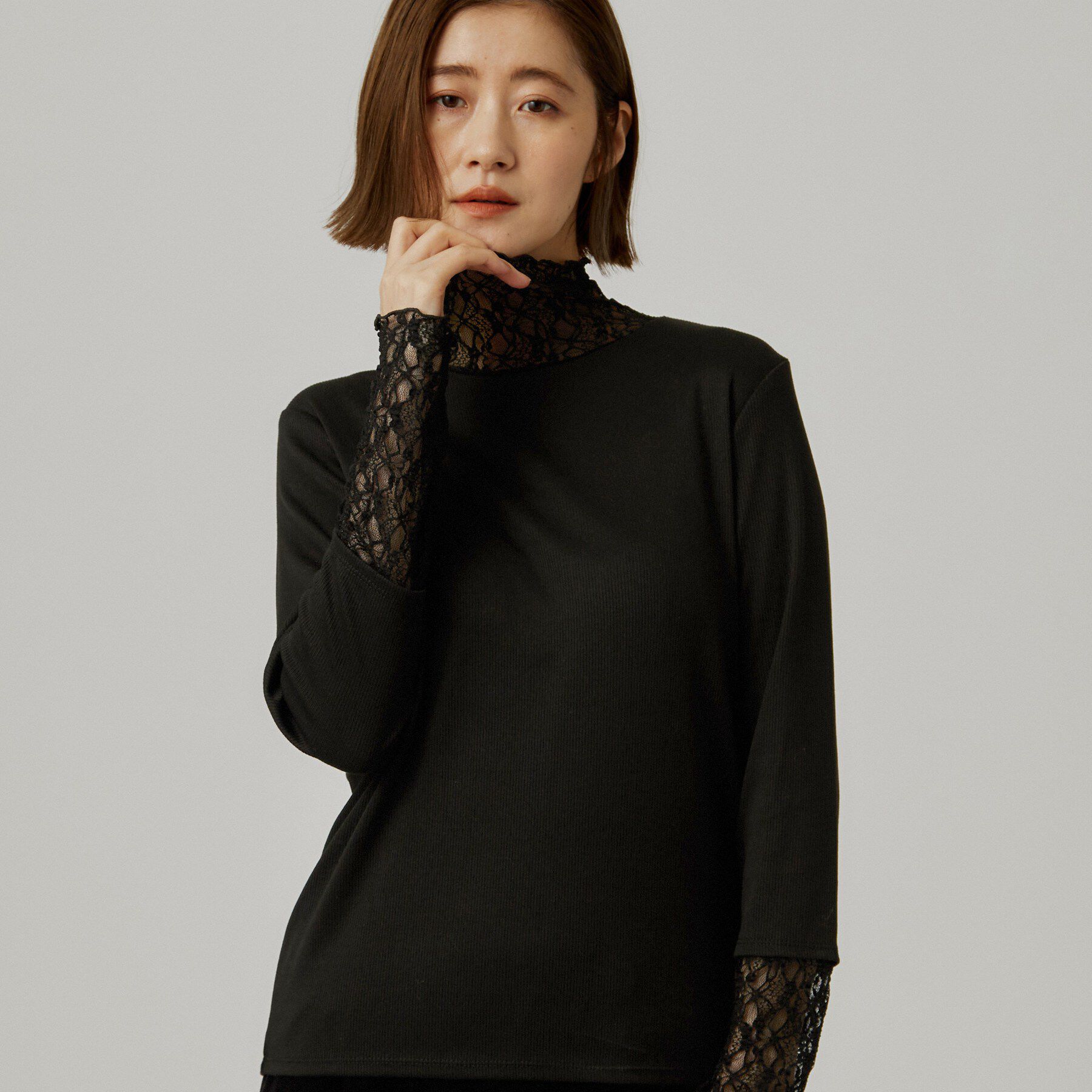 grove「シアー切替ハイネックプルオーバー」|Tシャツ・カットソー|ブラック(419)