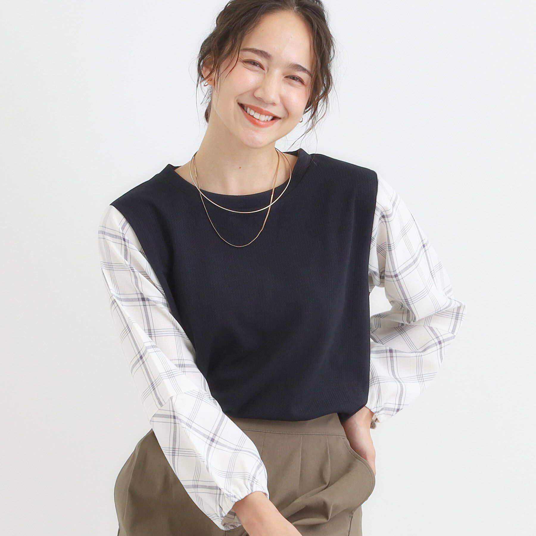 SHOO･LA･RUE「【高レビュー/S-LL】1枚で決まる お袖チェック 異素材使いトップス」|シャツ・ブラウス|ブラック(019)