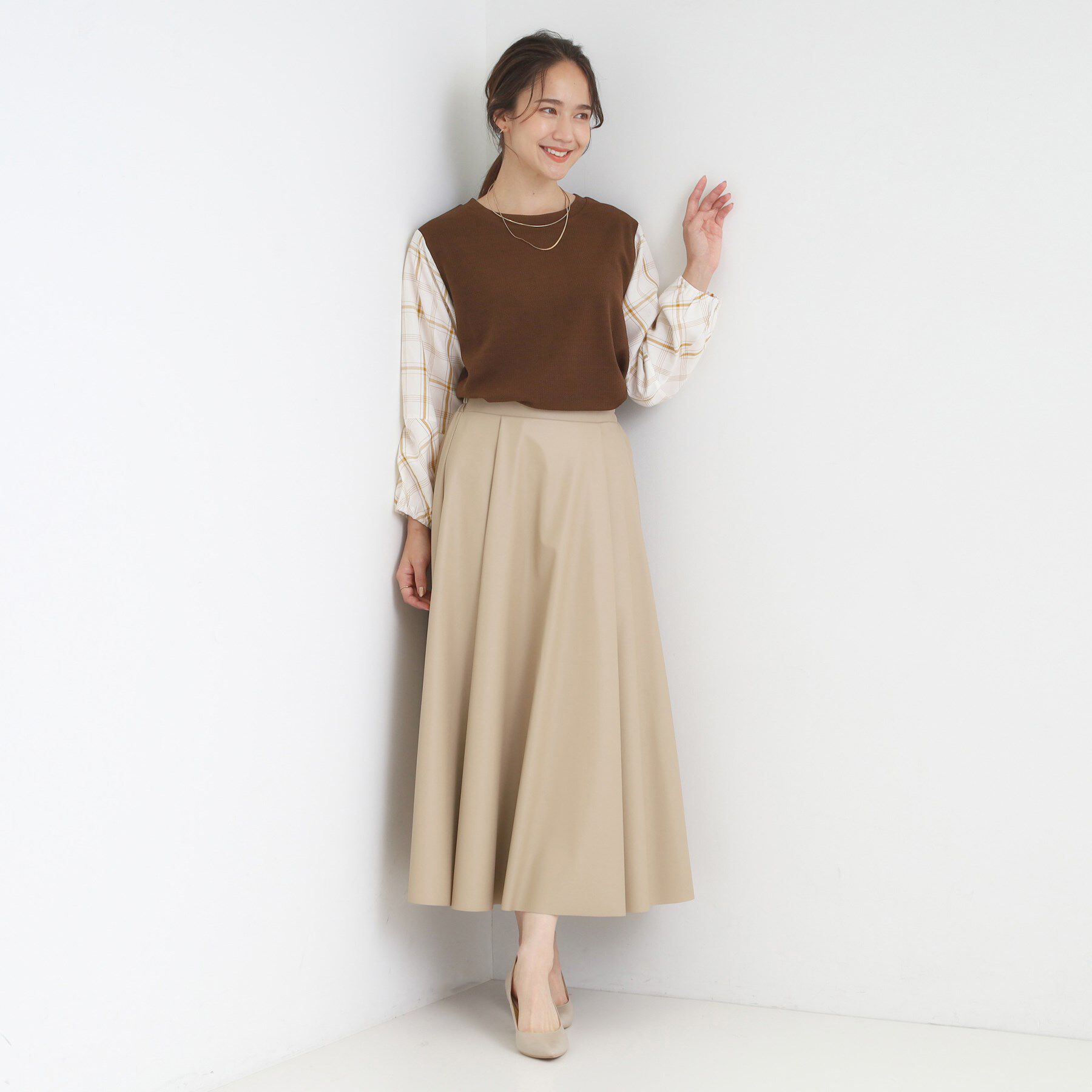 SHOO･LA･RUE「【高レビュー/S-LL】1枚で決まる お袖チェック 異素材使いトップス」|シャツ・ブラウス|