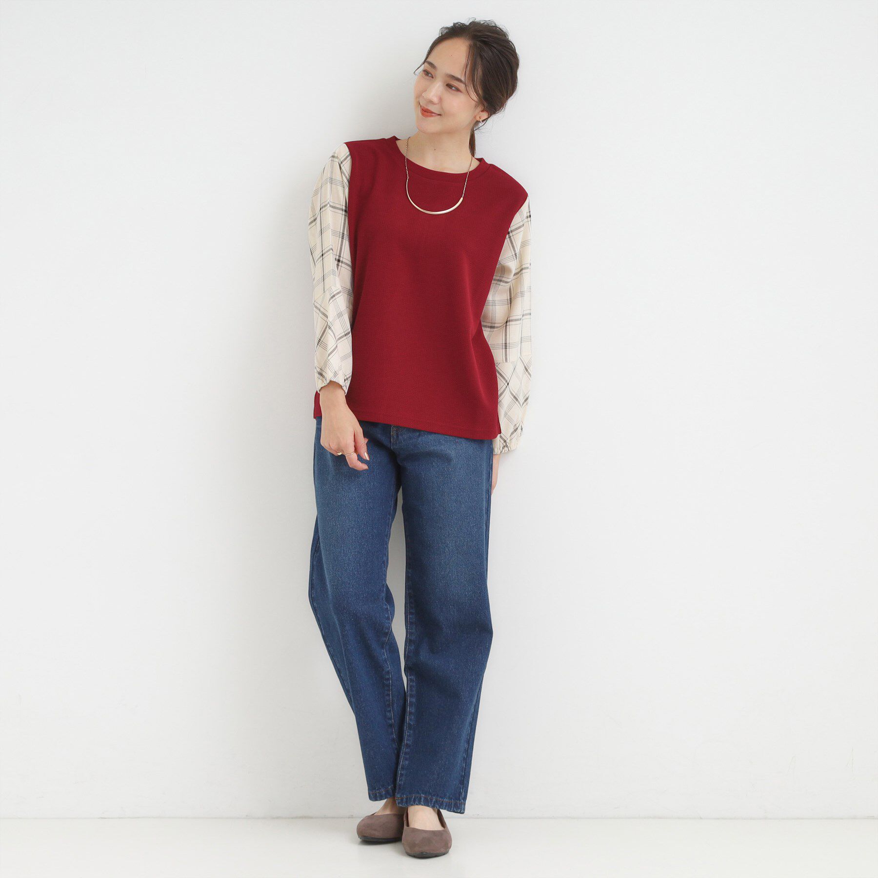 SHOO･LA･RUE「【高レビュー/S-LL】1枚で決まる お袖チェック 異素材使いトップス」|シャツ・ブラウス|
