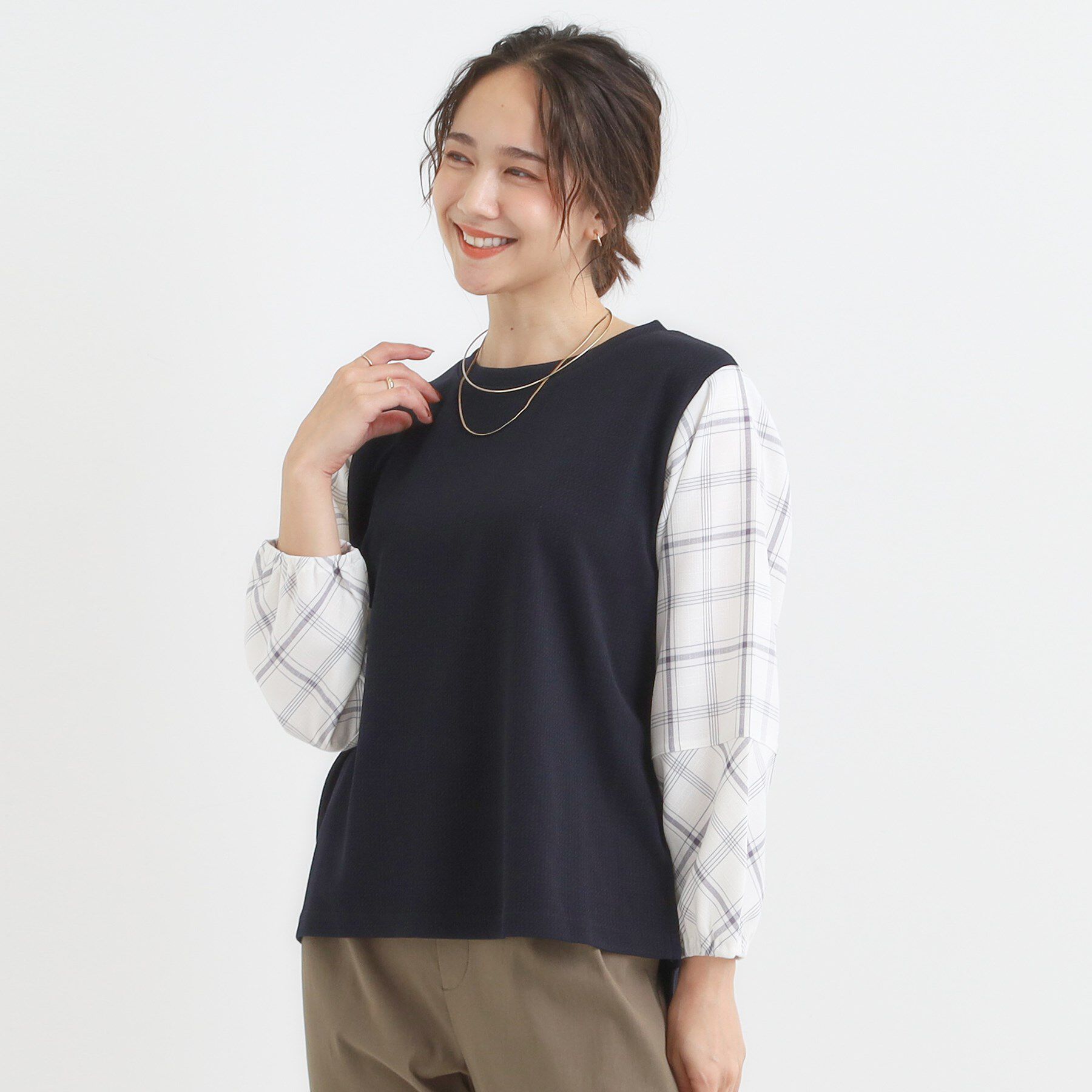 SHOO･LA･RUE「【高レビュー/S-LL】1枚で決まる お袖チェック 異素材使いトップス」|シャツ・ブラウス|