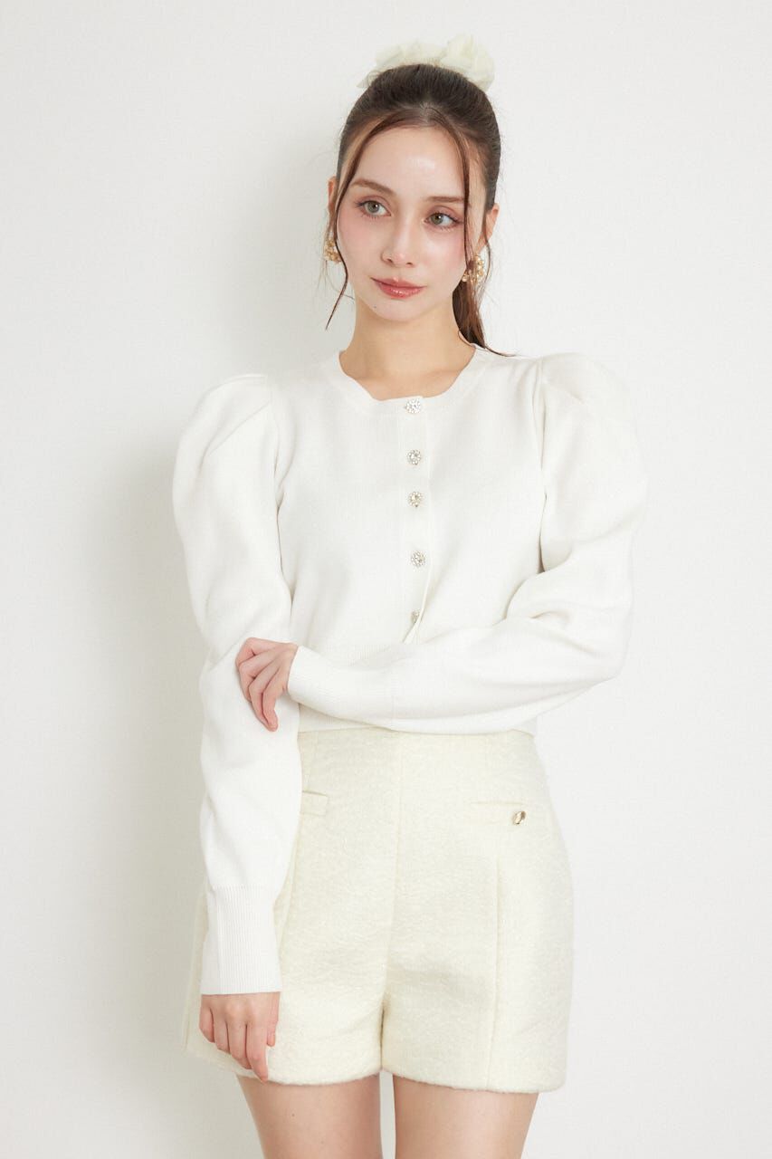 rienda「ビジューボタンパフショルダーニットカーディガントップス」|Tシャツ・カットソー|WHT