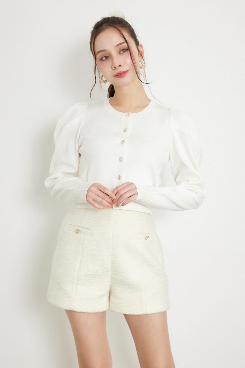 rienda「ビジューボタンパフショルダーニットカーディガントップス」|Tシャツ・カットソー|