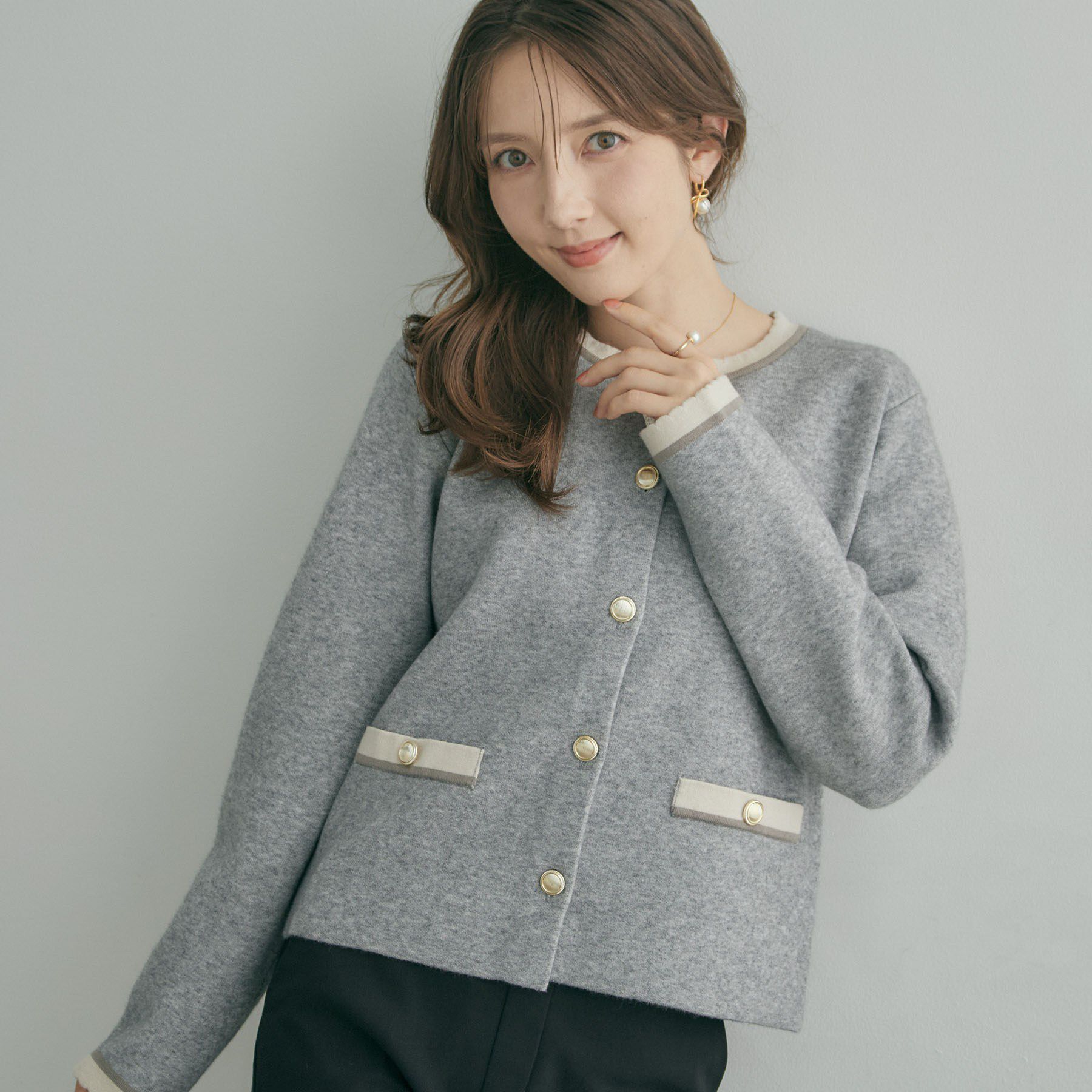 Couture broach「【上品なスカラップ】ムースタッチ配色カーディガン」|カーディガン|