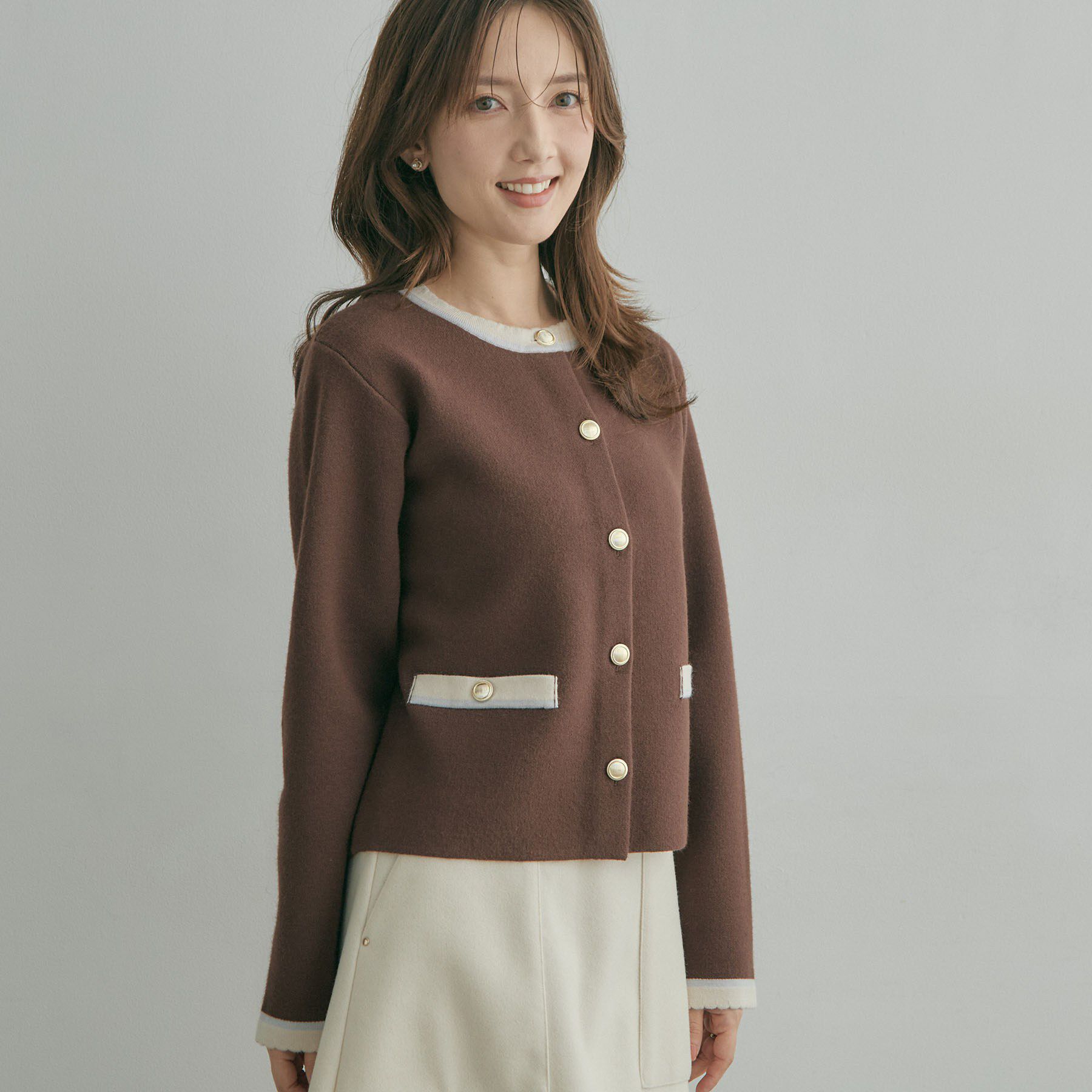 Couture broach「【上品なスカラップ】ムースタッチ配色カーディガン」|カーディガン|