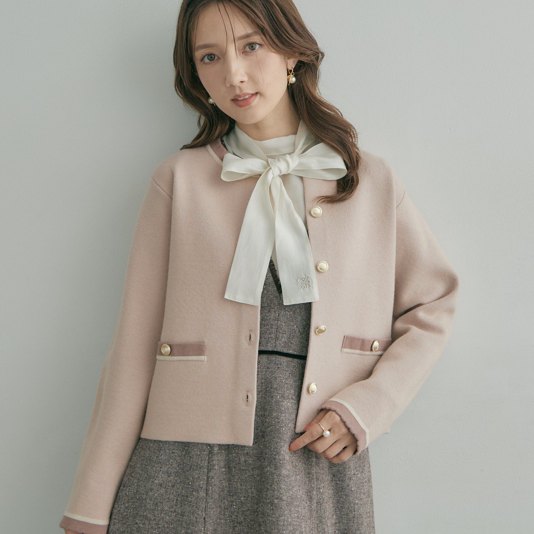 Couture broach「【上品なスカラップ】ムースタッチ配色カーディガン」|カーディガン|