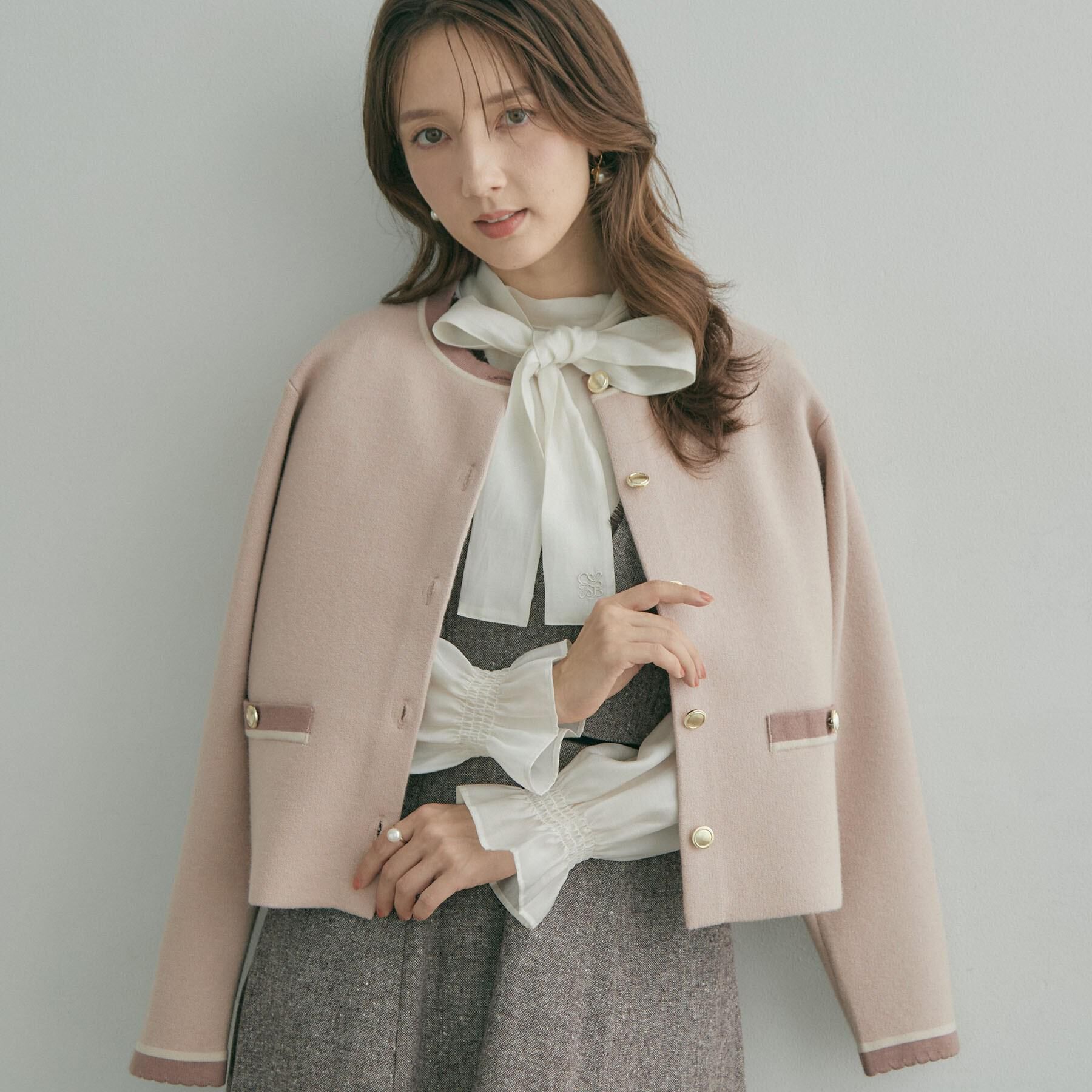 Couture broach「【上品なスカラップ】ムースタッチ配色カーディガン」|カーディガン|