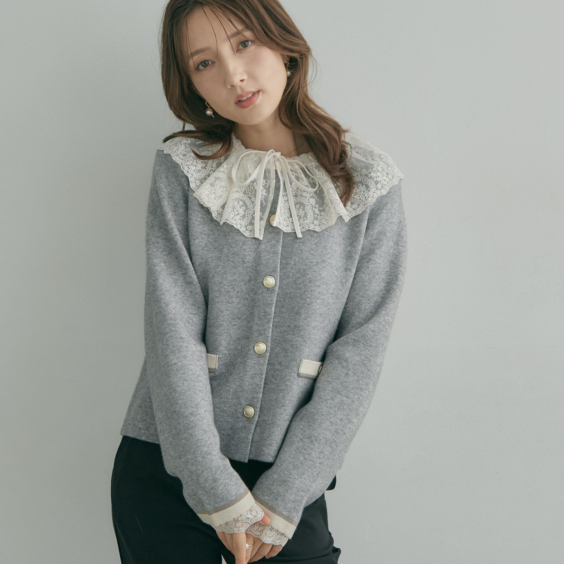Couture broach「【上品なスカラップ】ムースタッチ配色カーディガン」|カーディガン|