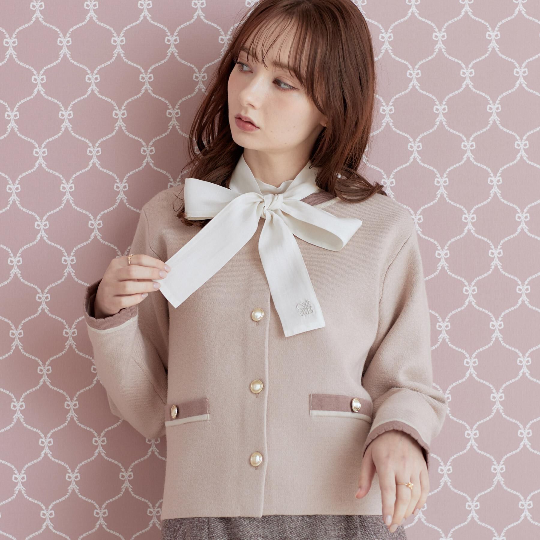 Couture broach「【上品なスカラップ】ムースタッチ配色カーディガン」|カーディガン|ピンクベージュ(05