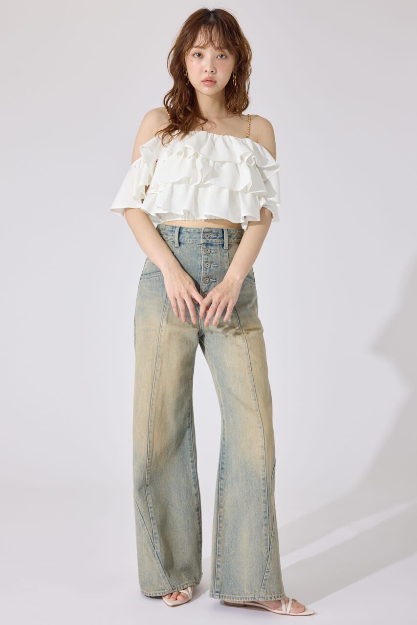 rienda「フロントボタンデザインハイウエストデニムパンツ」|デニム|