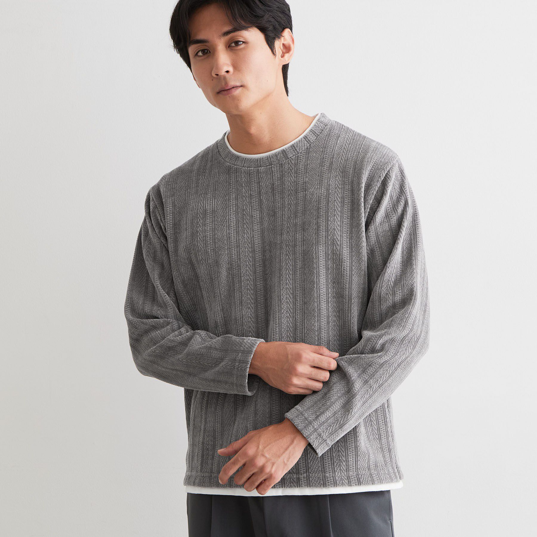 THE SHOP TK「【洗濯機OK】レイヤードモールニットTシャツ」|Tシャツ・カットソー|グレー(012)