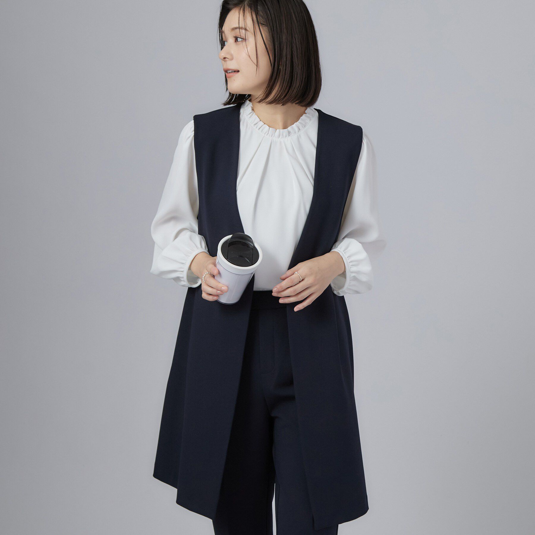 SHOO･LA･RUE「セレモニーカットジョーゼットロングジレ」|ベスト・ジレ|ネイビー(094)