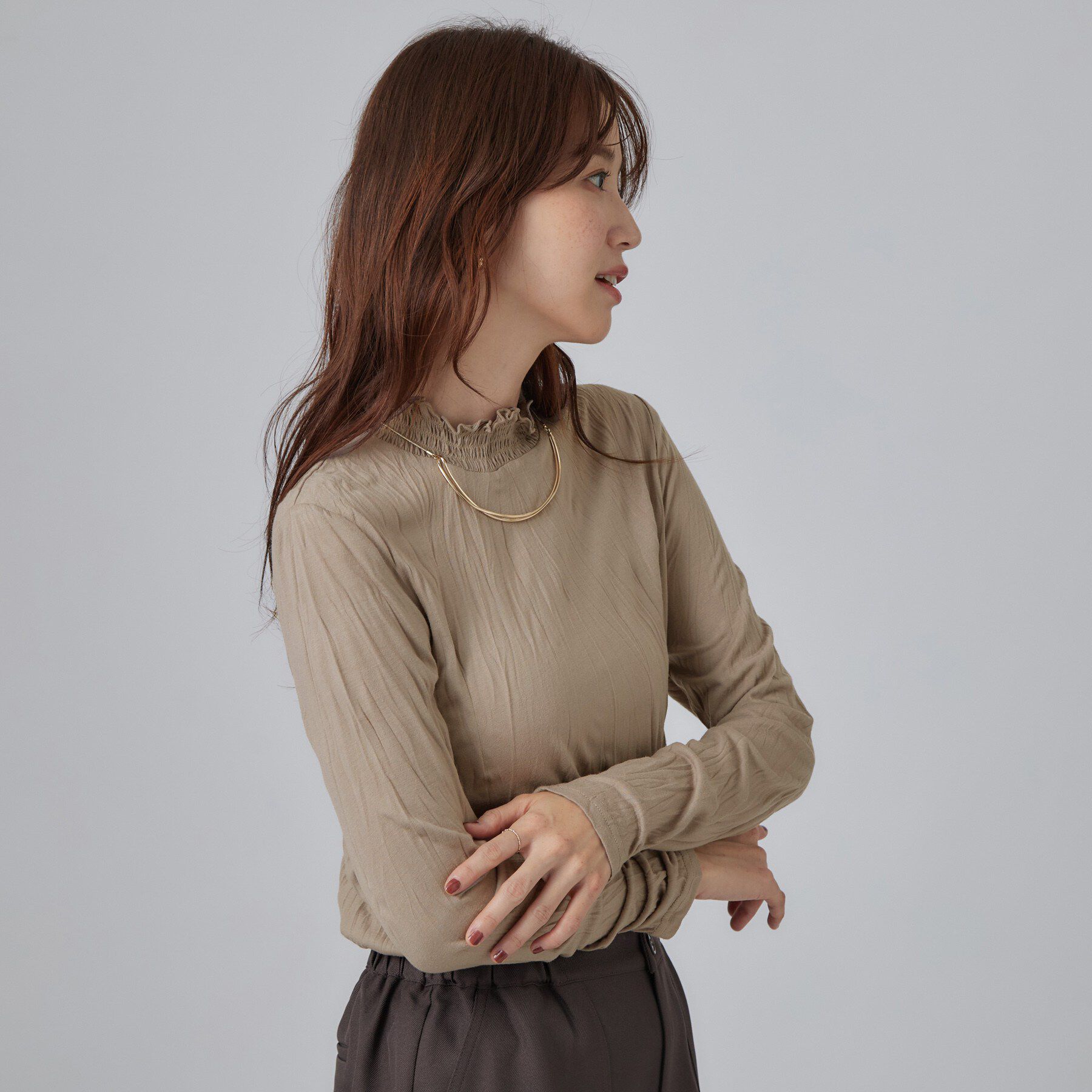 SHOO･LA･RUE「【S-LL】ワッシャー加工で抜け感を シャーリングハイネックインナー」|Tシャツ・カットソー|