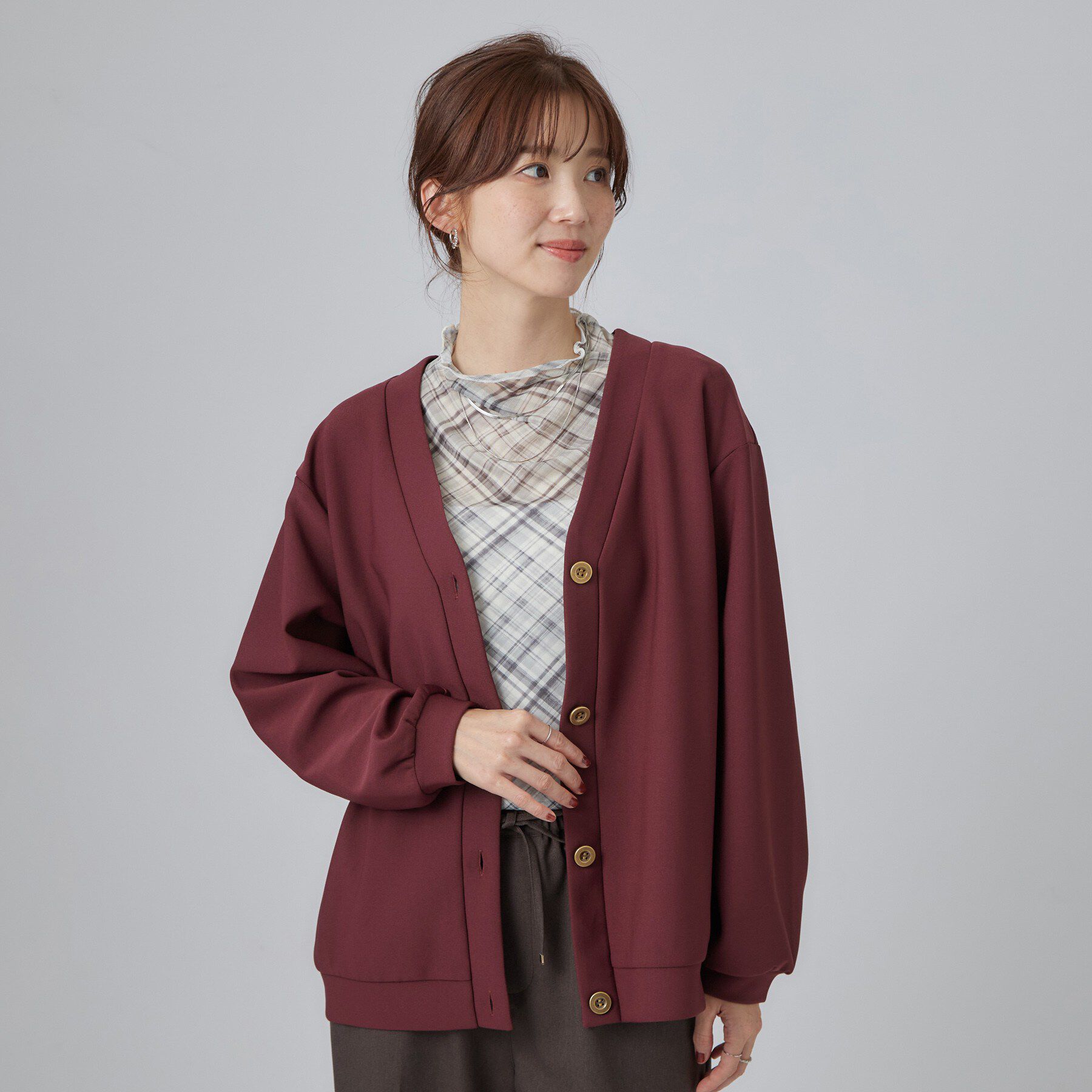 SHOO･LA･RUE「【あったか/S-LL/セットアップ可】ラクにキレイ見え ストレッチVネックカーディガン」|カーディガン|