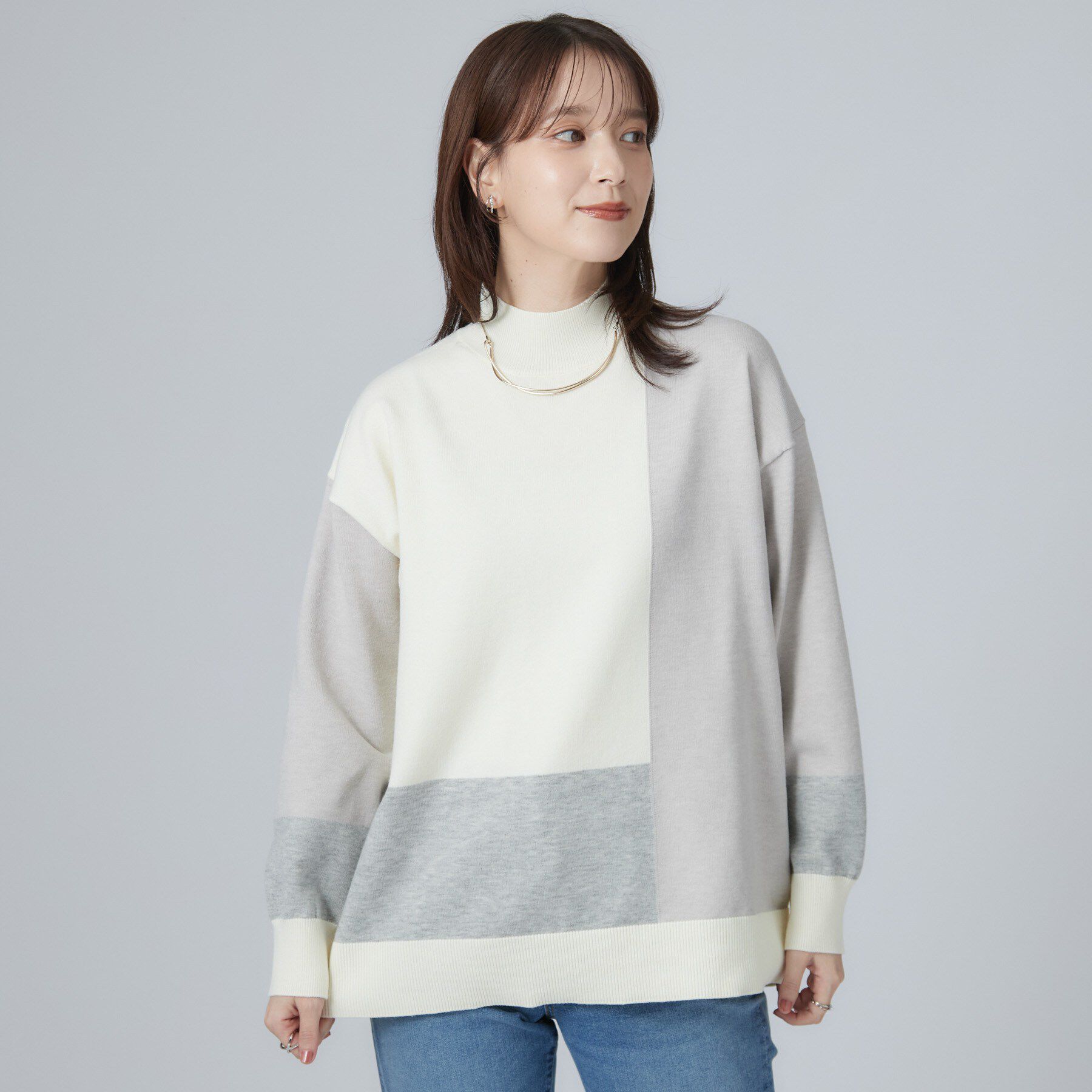 SHOO･LA･RUE「【S-LL/洗濯機可】1枚でサマになるカラーブロッキング ハイネックニット」|ニット・セーター|