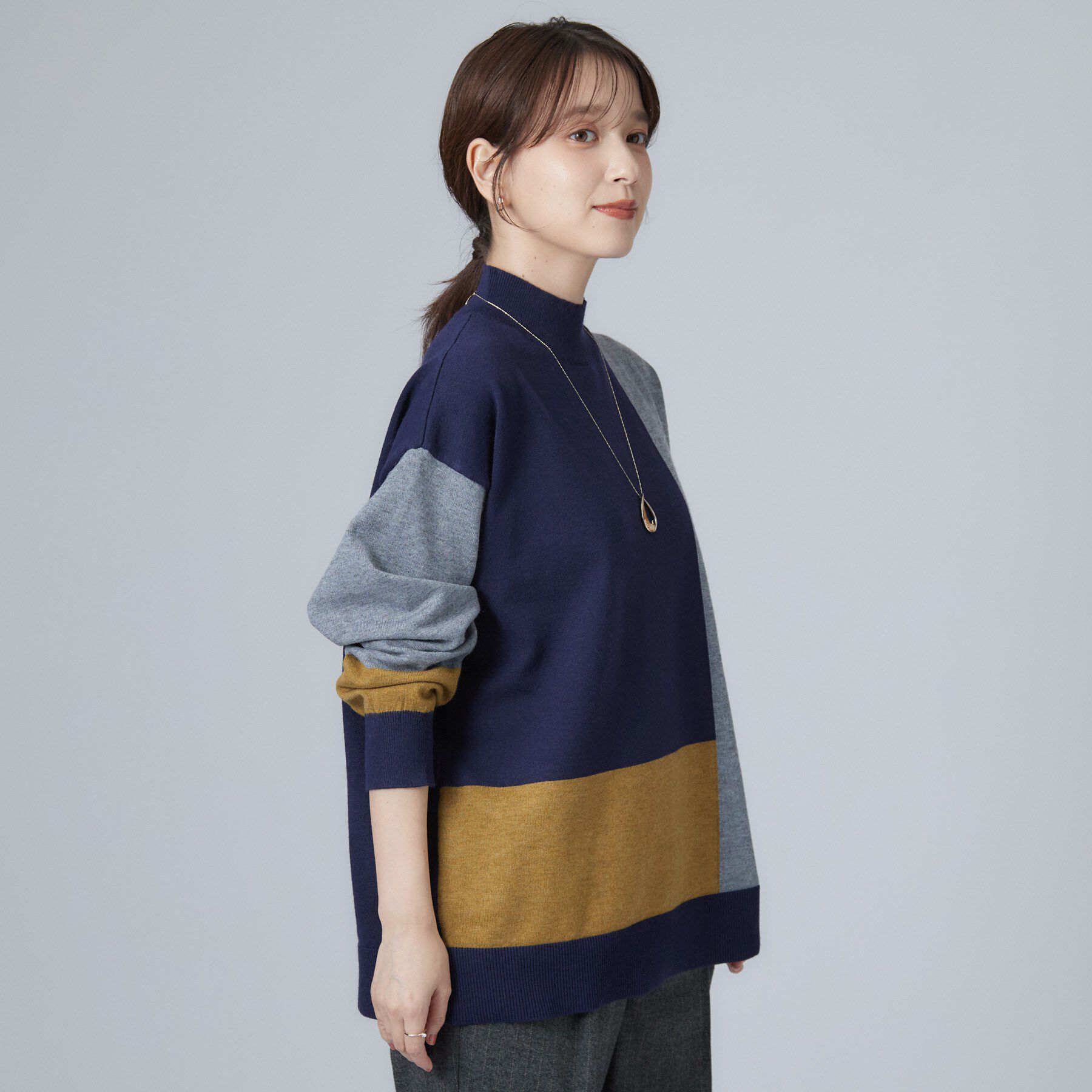 SHOO･LA･RUE「【S-LL/洗濯機可】1枚でサマになるカラーブロッキング ハイネックニット」|ニット・セーター|