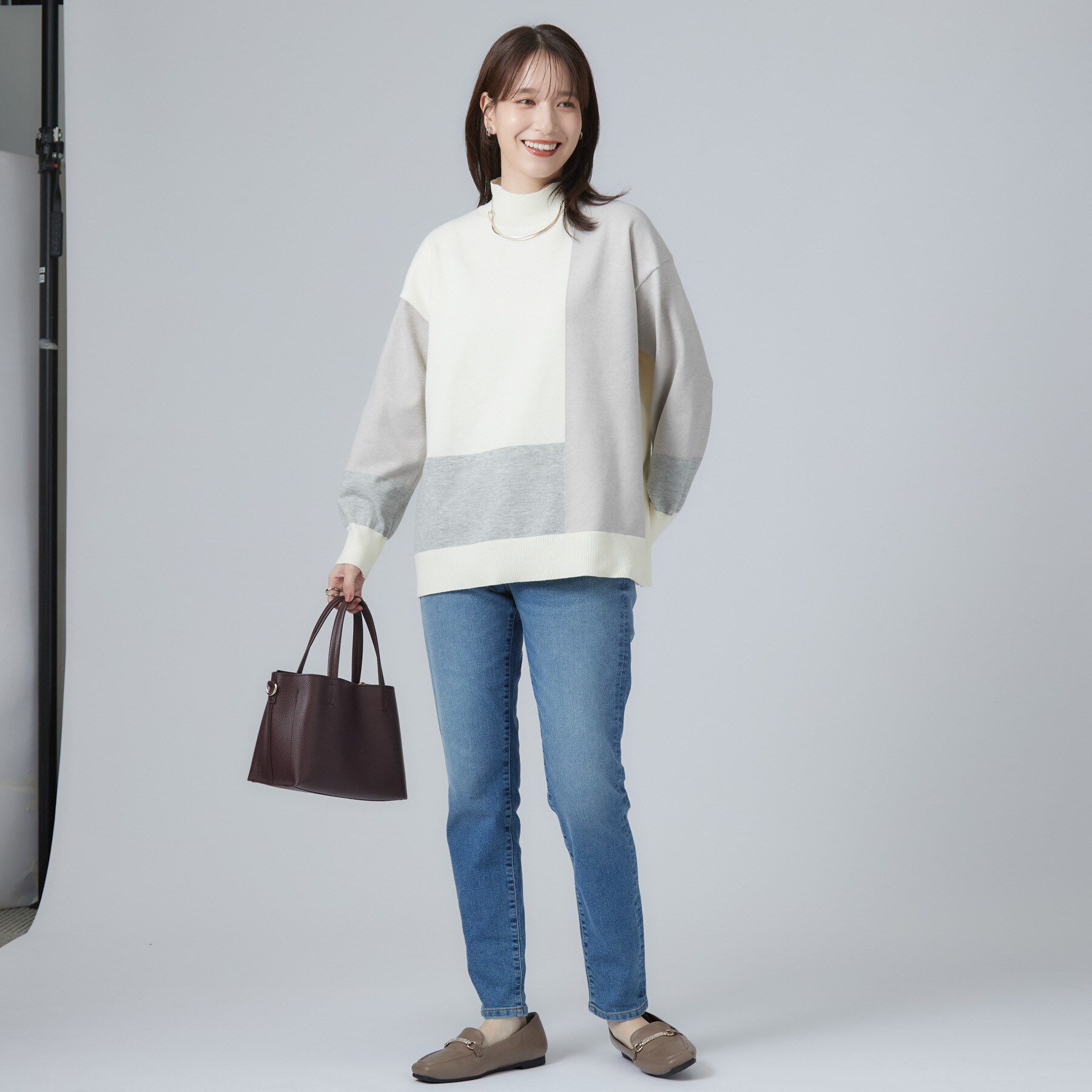 SHOO･LA･RUE「【S-LL/洗濯機可】1枚でサマになるカラーブロッキング ハイネックニット」|ニット・セーター|