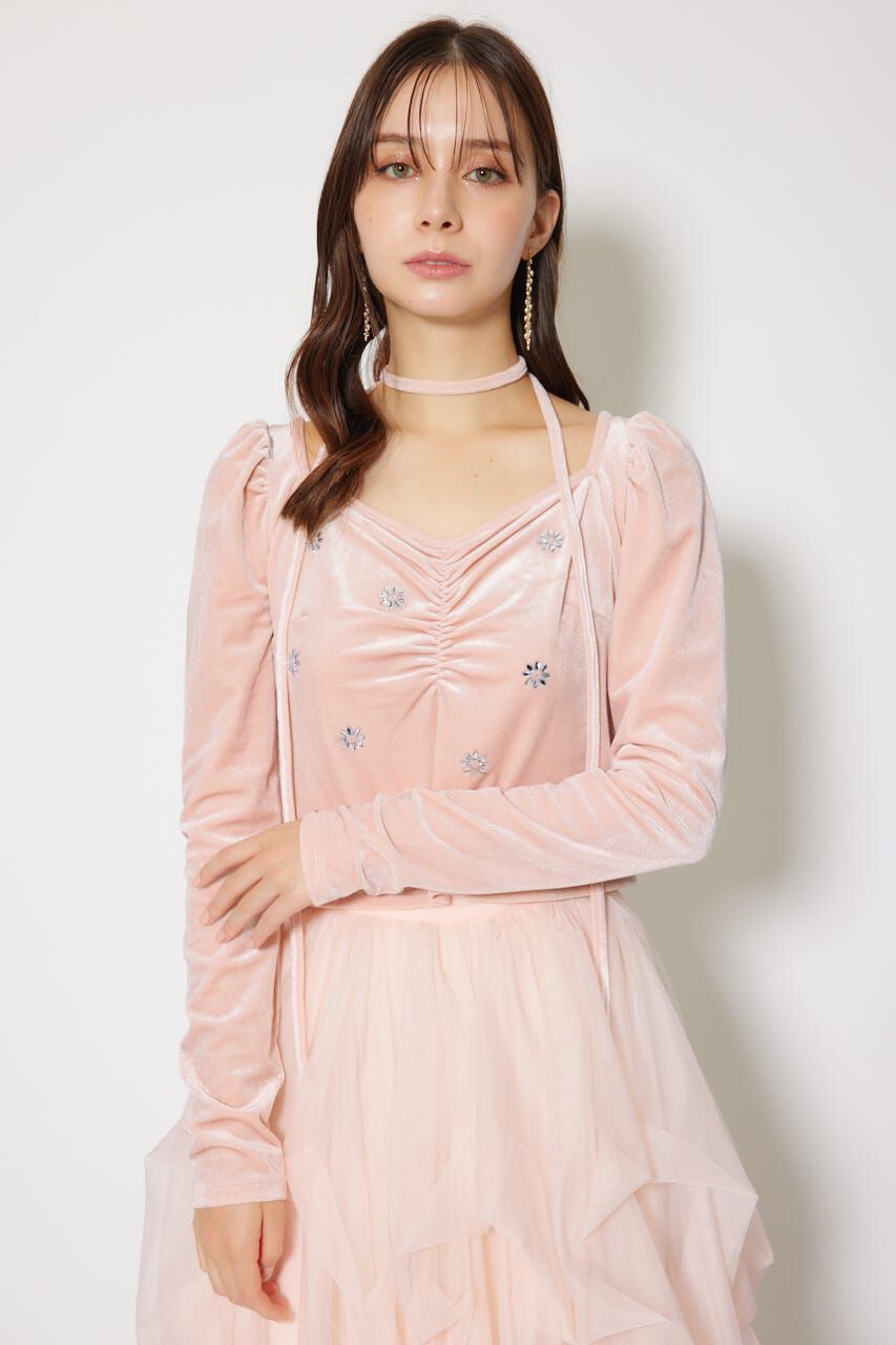 rienda「チョーカーセットフラワービジューベロアトップス」|Tシャツ・カットソー|L/PNK1