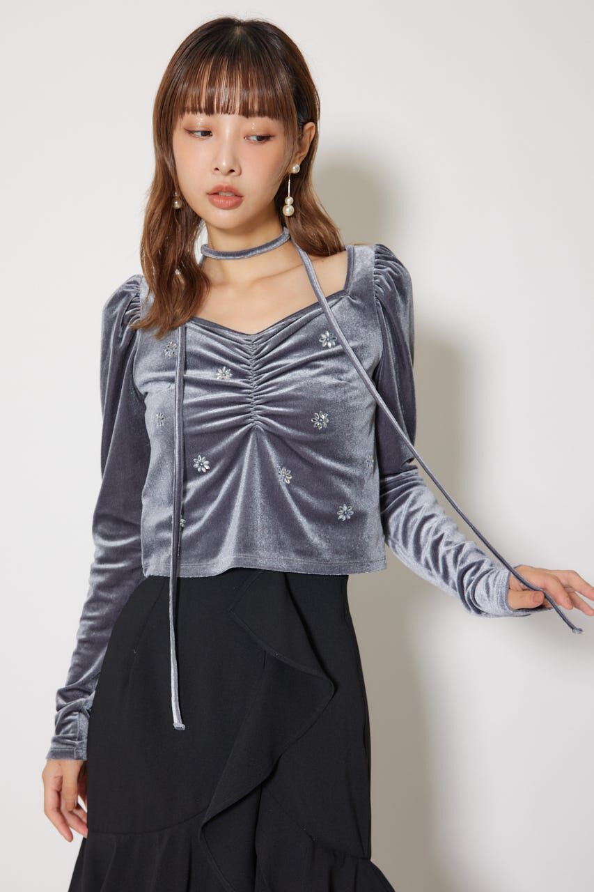 rienda「チョーカーセットフラワービジューベロアトップス」|Tシャツ・カットソー|