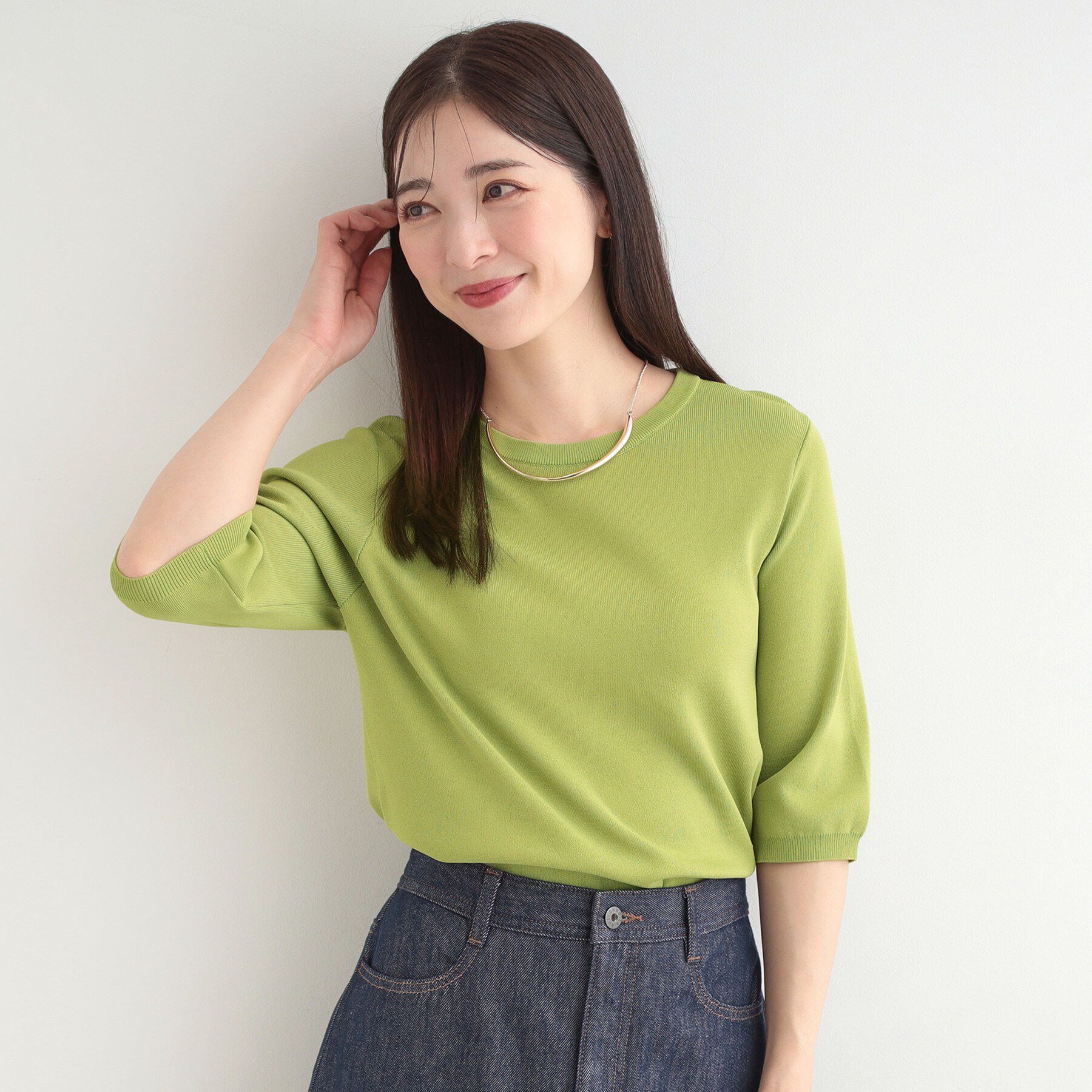 SHOO･LA･RUE「【毎日洗える/S-LL/UV】上半身すっきり 二の腕見せない5分袖ニット」|ニット・セーター|