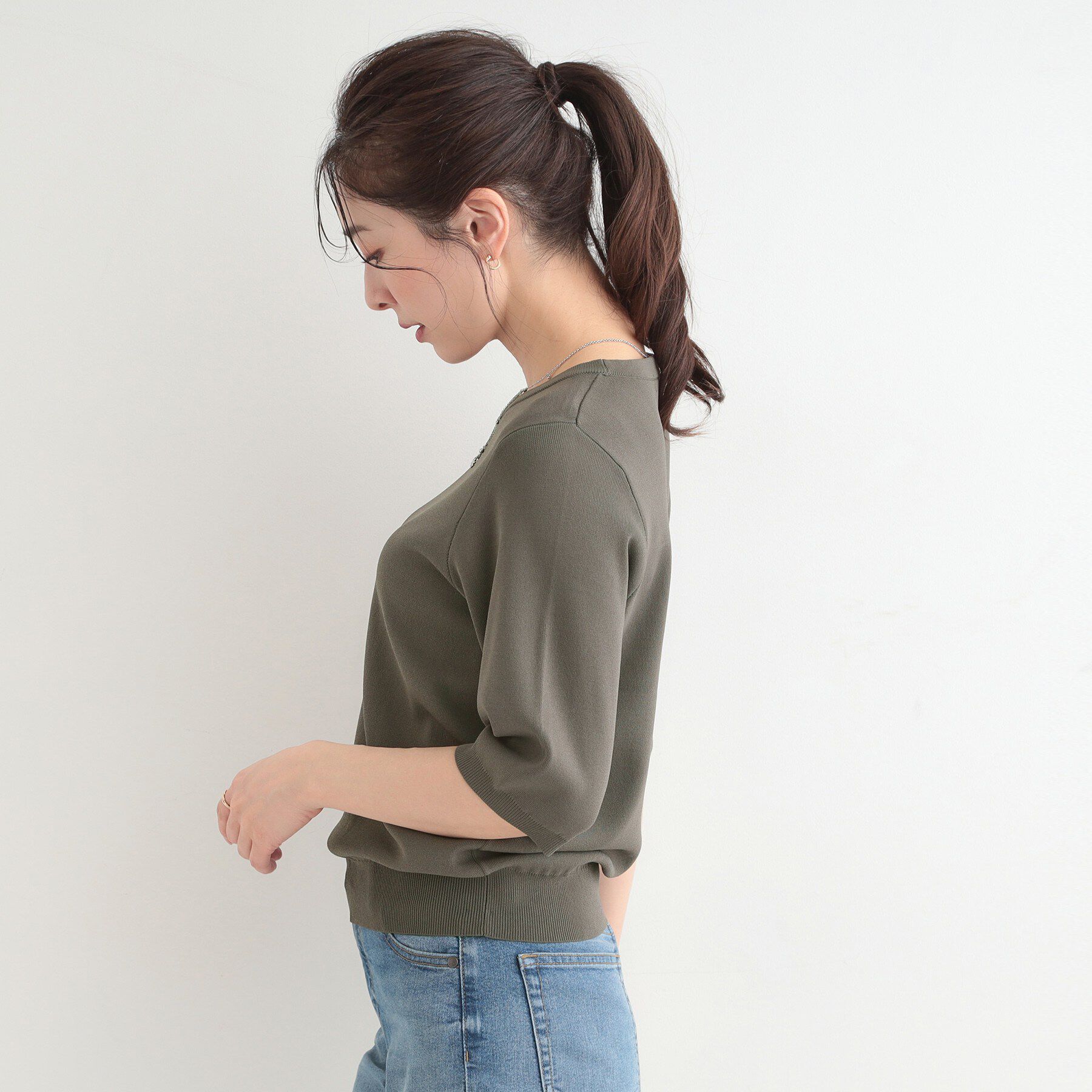 SHOO･LA･RUE「【毎日洗える/S-LL/UV】上半身すっきり 二の腕見せない5分袖ニット」|ニット・セーター|