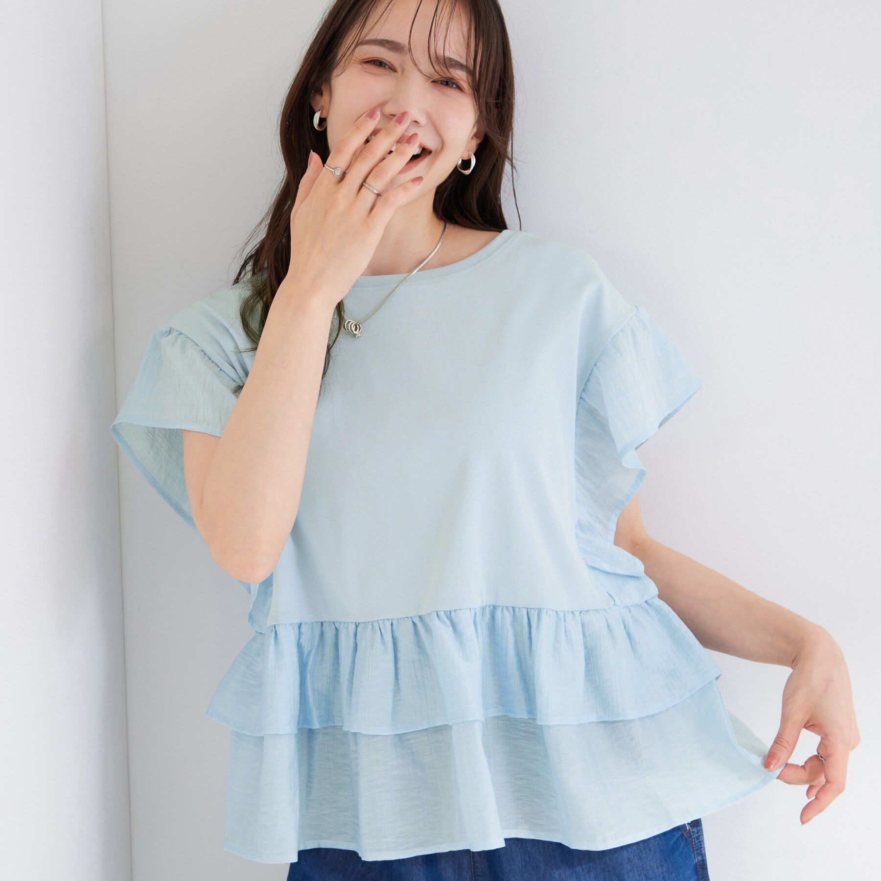 SHOO･LA･RUE「【S-LL/洗濯機可】着るだけで決まる 主役級フリルトップス」|Tシャツ・カットソー|サックスブルー(09