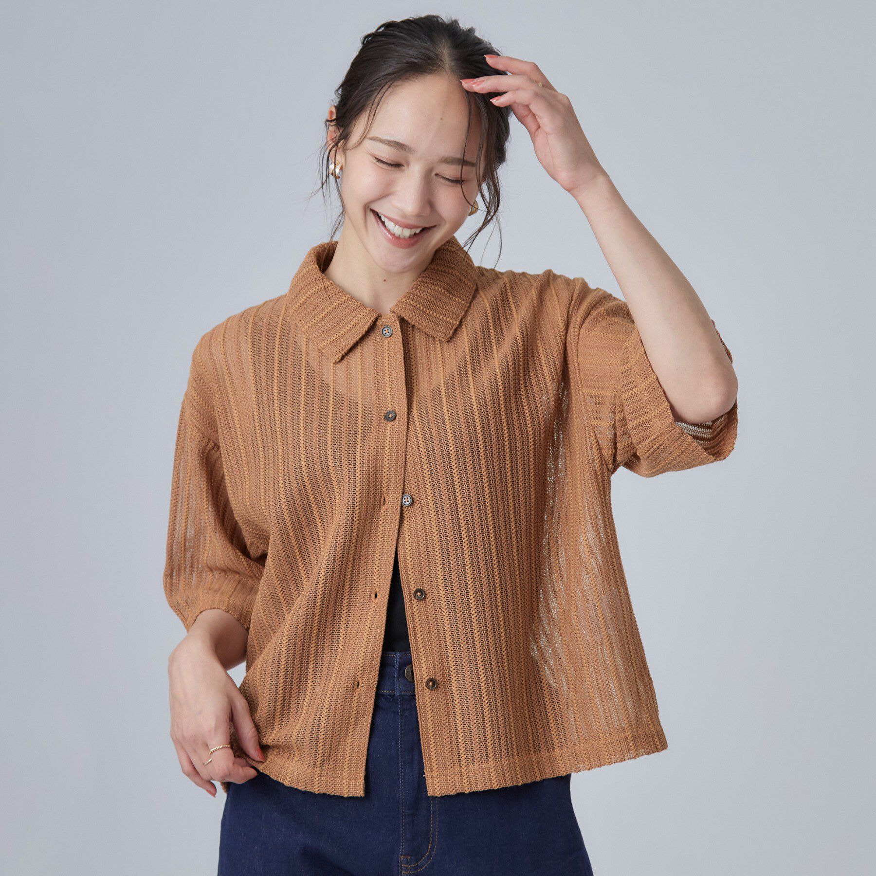 SHOO･LA･RUE「【洗濯機可/S-LL】軽やかで涼しげな 透かしレース風前開きシャツ」|シャツ・ブラウス|