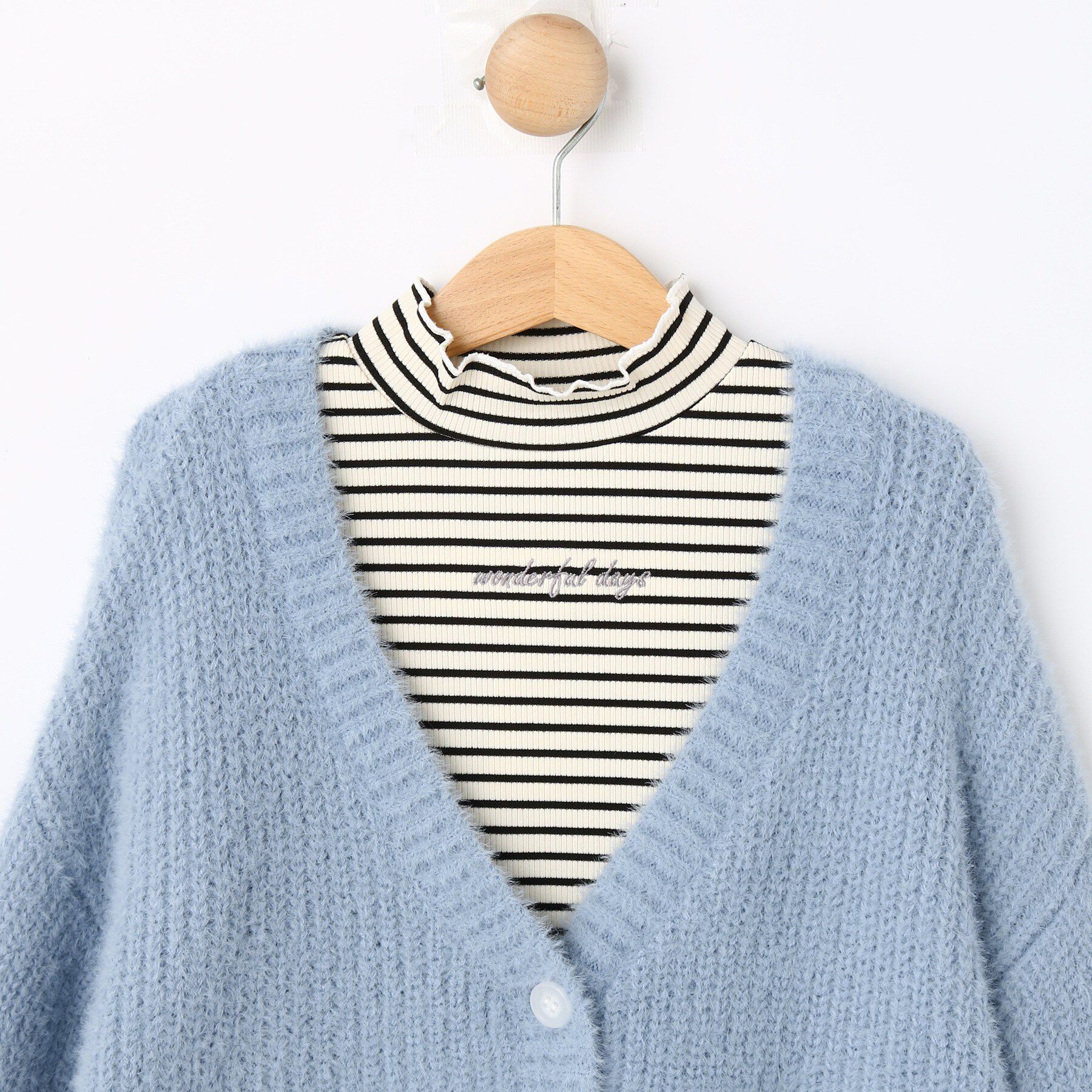 SHOO･LA･RUE「【120-150cm/2点セット】ボーダートップスシャギーカーデセット」|カーディガン|