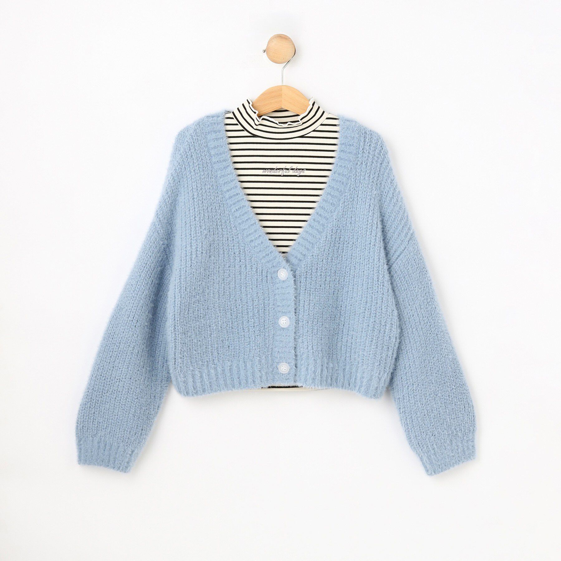 SHOO･LA･RUE「【120-150cm/2点セット】ボーダートップスシャギーカーデセット」|カーディガン|サックスブルー(09