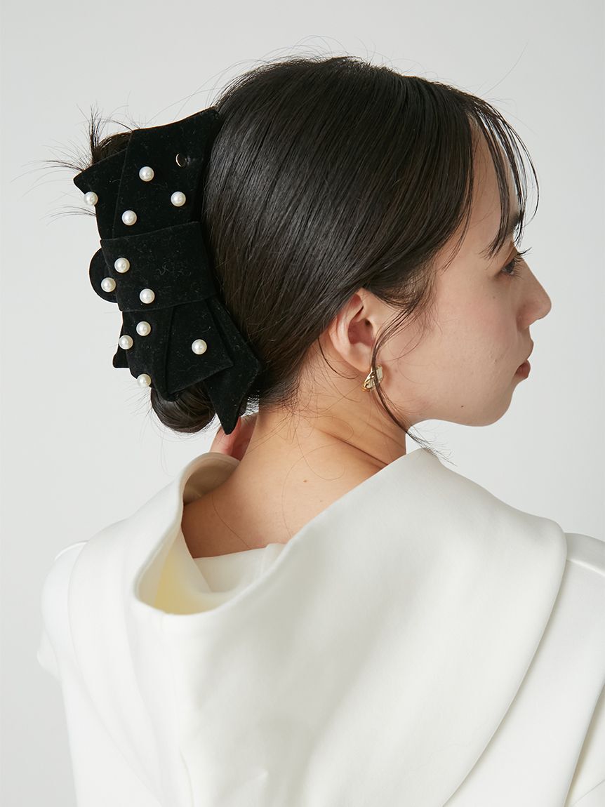 FRAY I.D「【ルエル】ベロアパールリボンヘアクリップ」|ヘアバンド|
