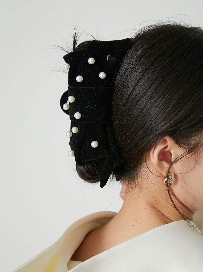 FRAY I.D「【ルエル】ベロアパールリボンヘアクリップ」|ヘアバンド|