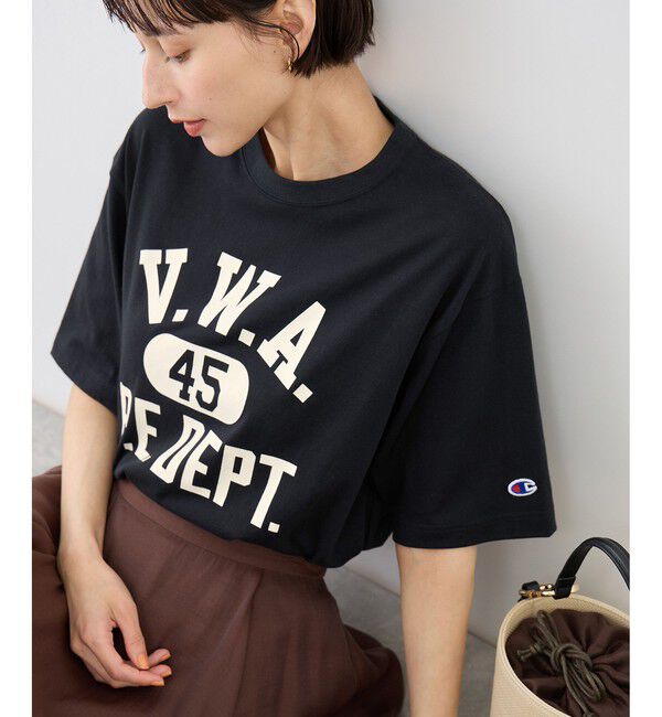 Rope&rsquo;Picnic「【Champion/チャンピオン別注】アソートロゴプリントオーバーサイズTシャツ/リンクコーデ」|Tシャツ・カットソー|ブラック(01)