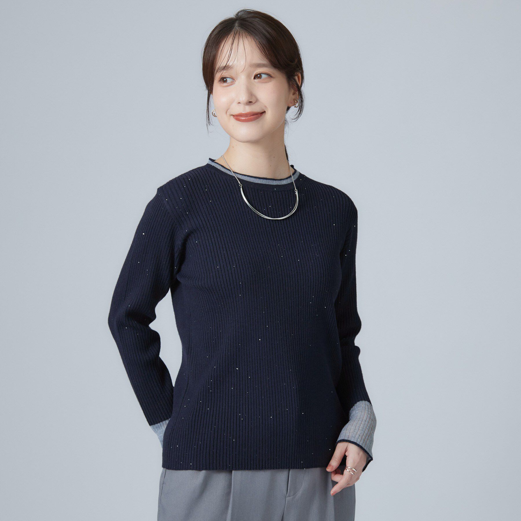 SHOO･LA･RUE「【洗濯機可/S-LL】さりげないスパンコールが華やかに。お袖チュールリブニット」|ニット・セーター|