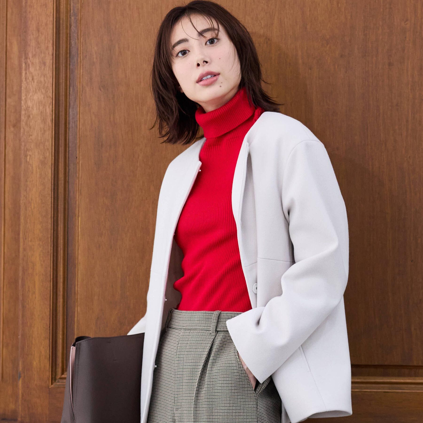 SHOO･LA･RUE「【S-LL/体型カバー】ノーカラーですっきり ウール調コクーンジャケット」|ノーカラージャケット|