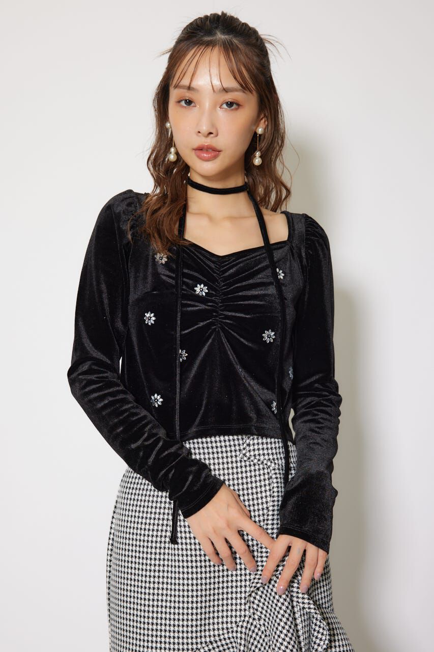 rienda「チョーカーセットフラワービジューベロアトップス」|Tシャツ・カットソー|