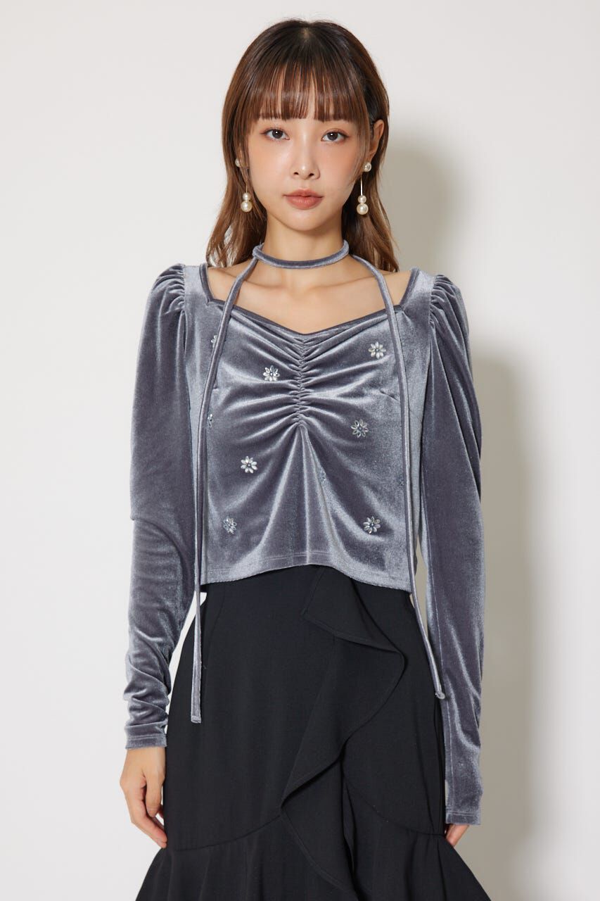rienda「チョーカーセットフラワービジューベロアトップス」|Tシャツ・カットソー|