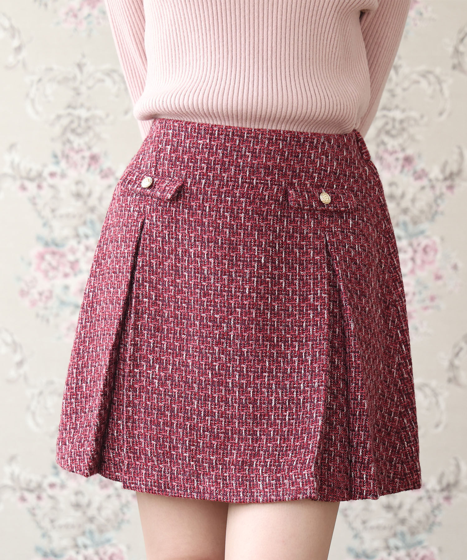 MARY QUANT「ゴールドボタンツイード スカート」|スカート|ボルドー