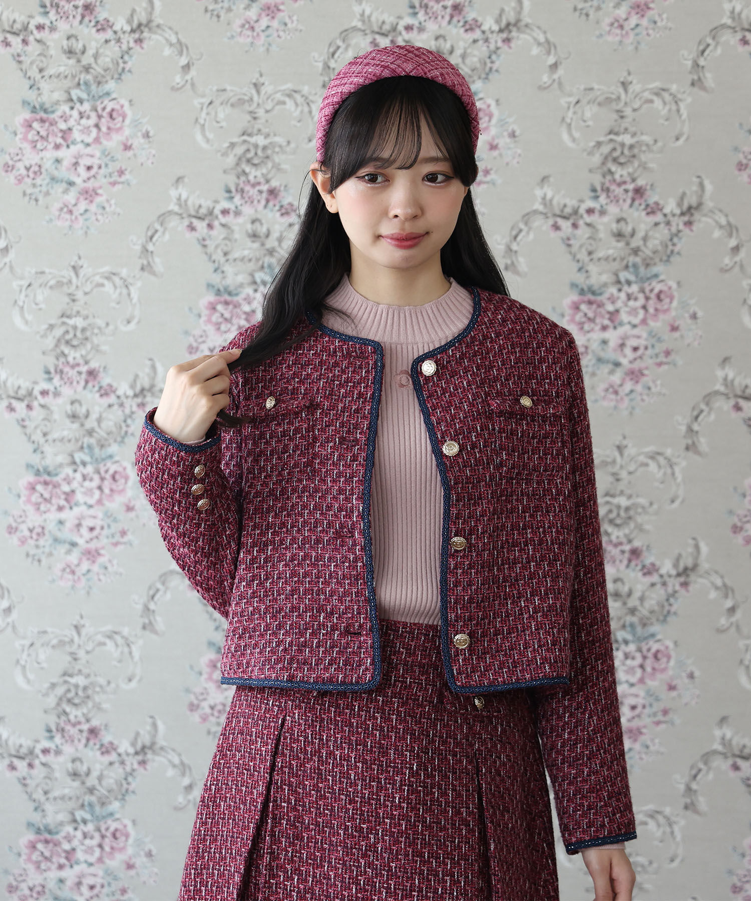 MARY QUANT「ゴールドボタンツイード ジャケット」|ノーカラージャケット|ボルドー