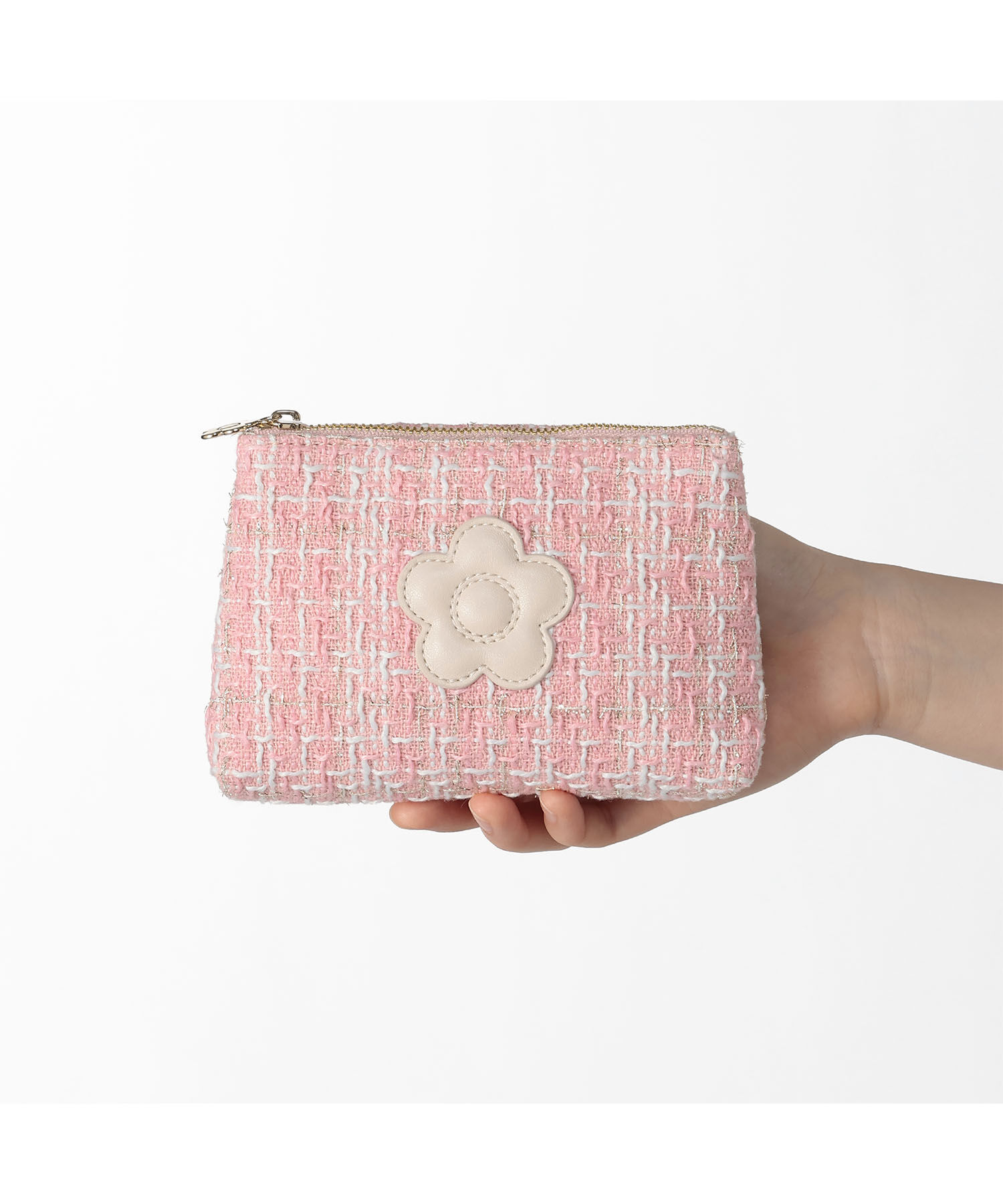 MARY QUANT「ツイードデイジーパッチ 舟型ティッシュケース」|ポーチ|ピンク