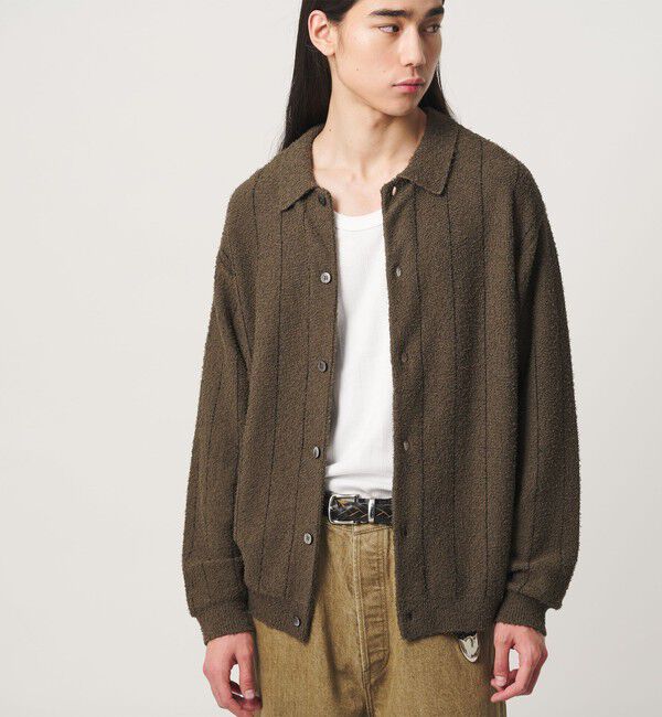 MONKEY TIME「カールヤーン ストライプ ニット シャツ」|カーディガン|OLIVE