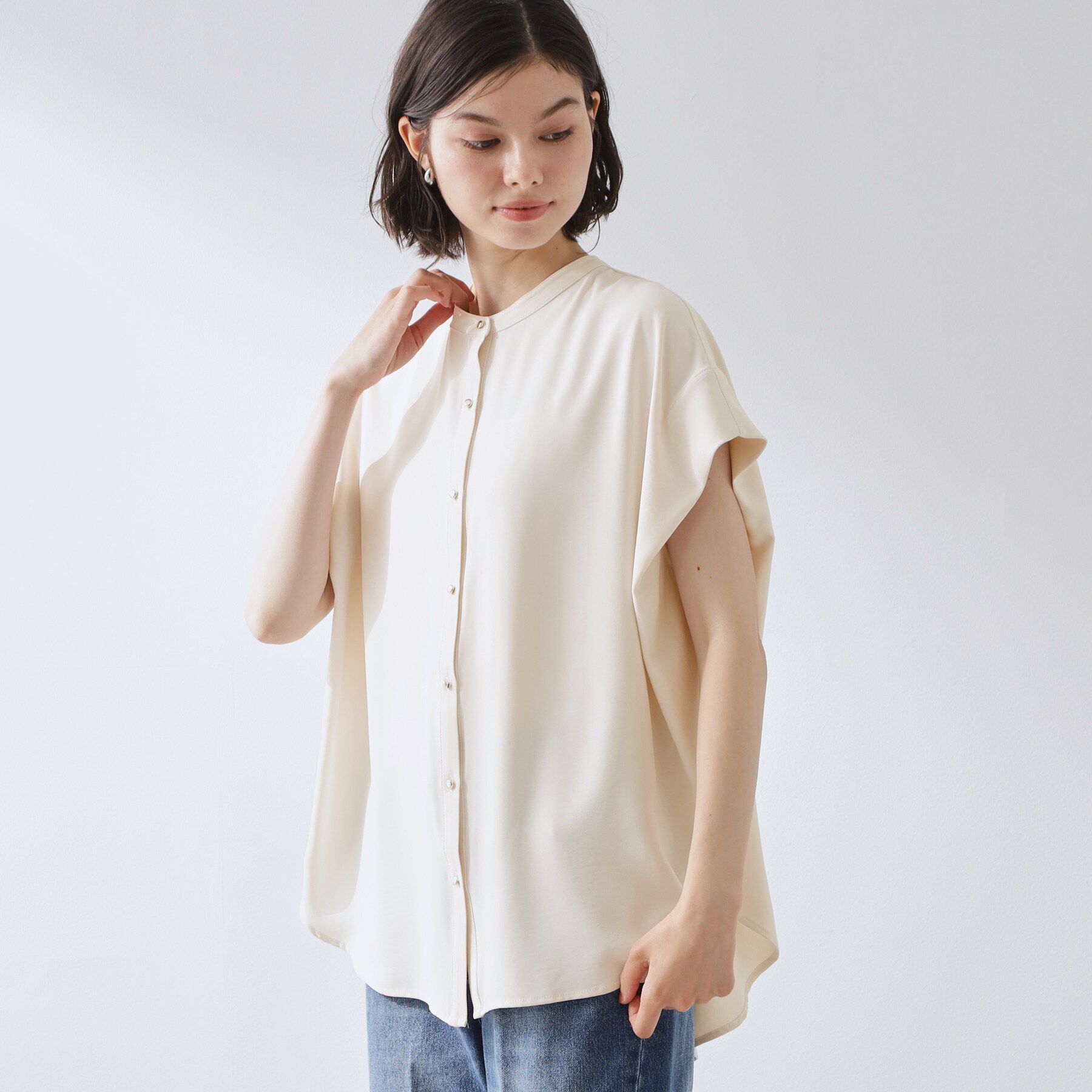 THE SHOP TK「【防シワ/UV/セットアップ可】やみつきになる とろみバンドカラーブラウス」|シャツ・ブラウス|