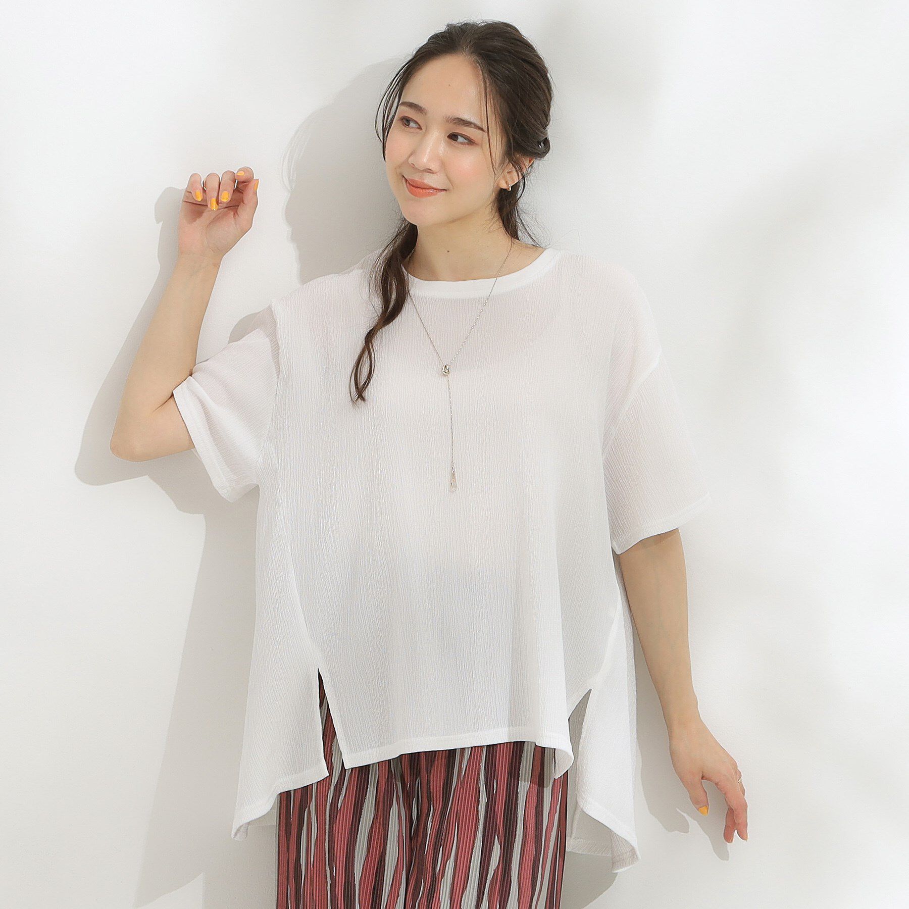 SHOO･LA･RUE「【S-LL/洗える/体型カバー/5分袖】涼しくきれいに決まる Aライントップス」|Tシャツ・カットソー|