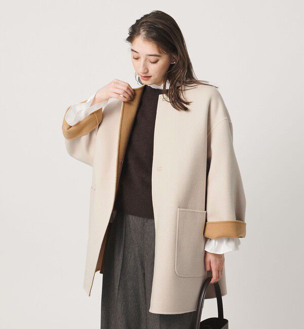 UNITED ARROWS「バイカラー リバー ミドルコート」|ノーカラーコート|