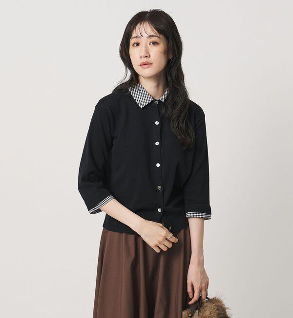 UNITED ARROWS「4WAY エンブロイダリー シャツ コンビ ニット ‐ウォッシャブル‐」|カーディガン|BLACK