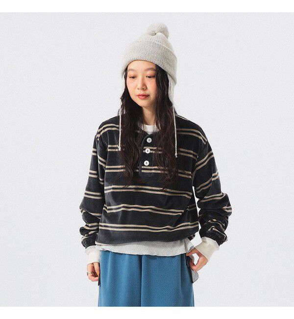 BEAMS SELECTION for WOMEN「【別注】Healthknit / ボーダー ベロア ヘンリーネック」|Tシャツ・カットソー|BLACK