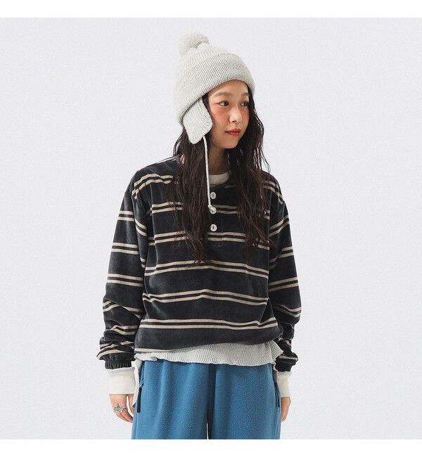 BEAMS SELECTION for WOMEN「【別注】Healthknit / ボーダー ベロア ヘンリーネック」|Tシャツ・カットソー|