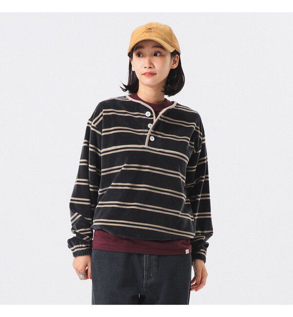 BEAMS SELECTION for WOMEN「【別注】Healthknit / ボーダー ベロア ヘンリーネック」|Tシャツ・カットソー|