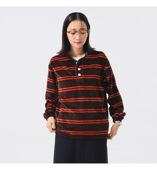 BEAMS SELECTION for WOMEN「【別注】Healthknit / ボーダー ベロア ヘンリーネック」|Tシャツ・カットソー|BROWN