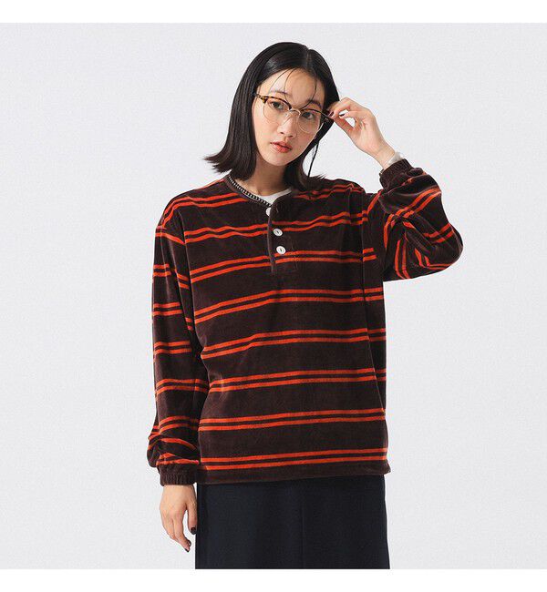 BEAMS SELECTION for WOMEN「【別注】Healthknit / ボーダー ベロア ヘンリーネック」|Tシャツ・カットソー|